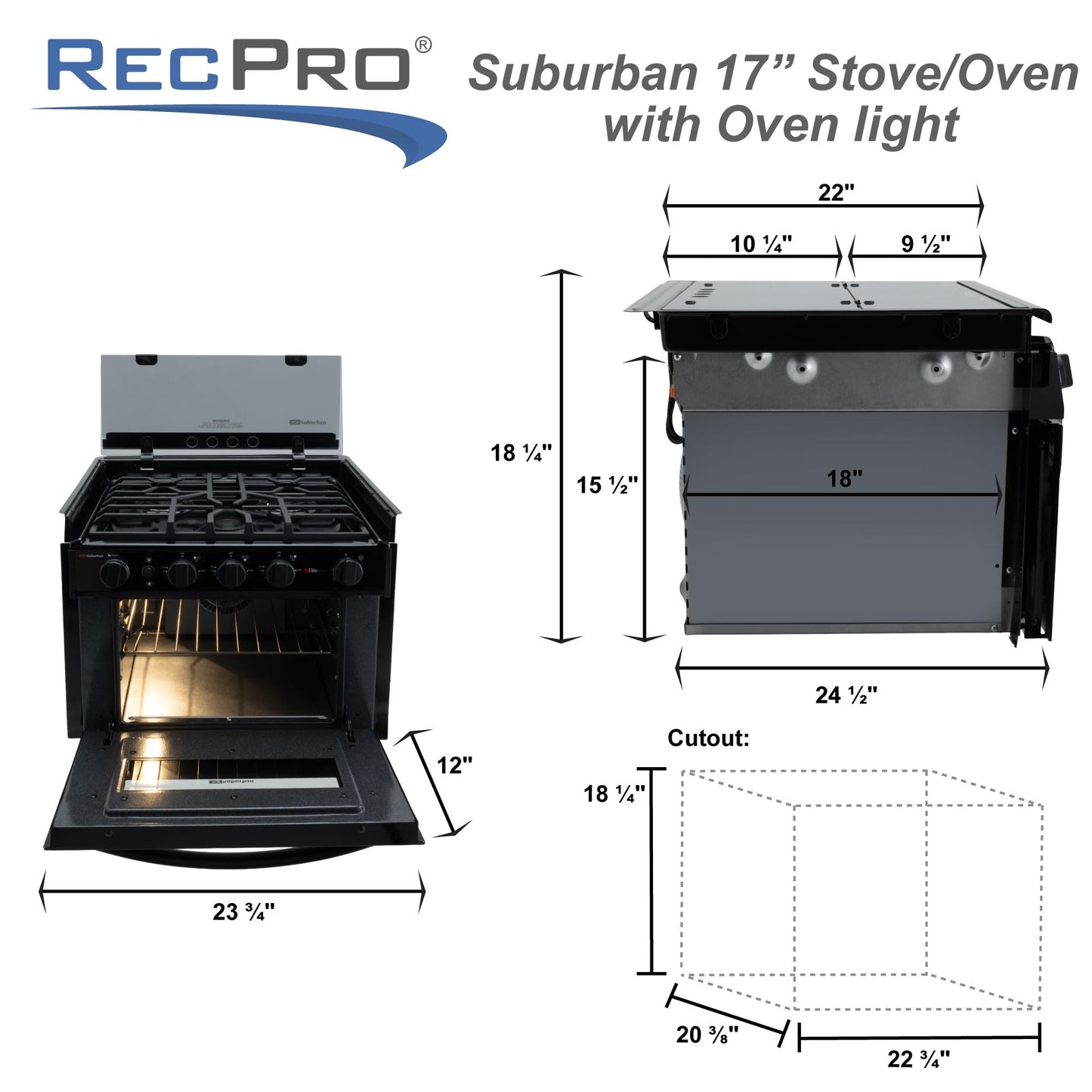 RecPro RV Suburban 3 Burner Propane Range with Oven & Air Fryer | 9000 BTU Front Burners | Piezo Ignition | Glass Cover | 12V DC/ 120V AC