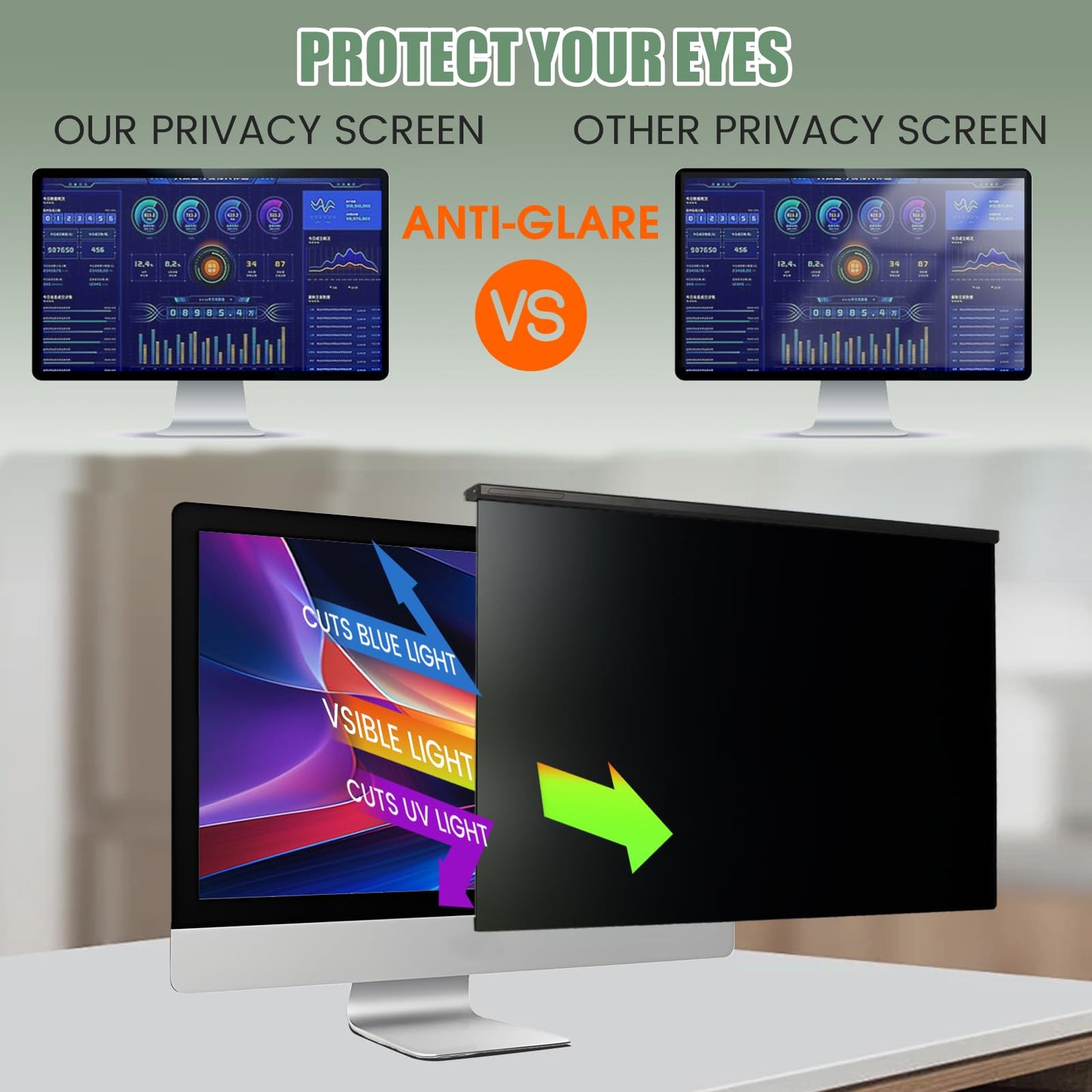EliWhale [2 PACK] 27 Inch Removable Hanging Computer Privacy Screen for 16:9 Widescreen Monitor, Matte, Anti-Glare, Bluelight Block, Eye Health Protection, Size: 613 * 370mm