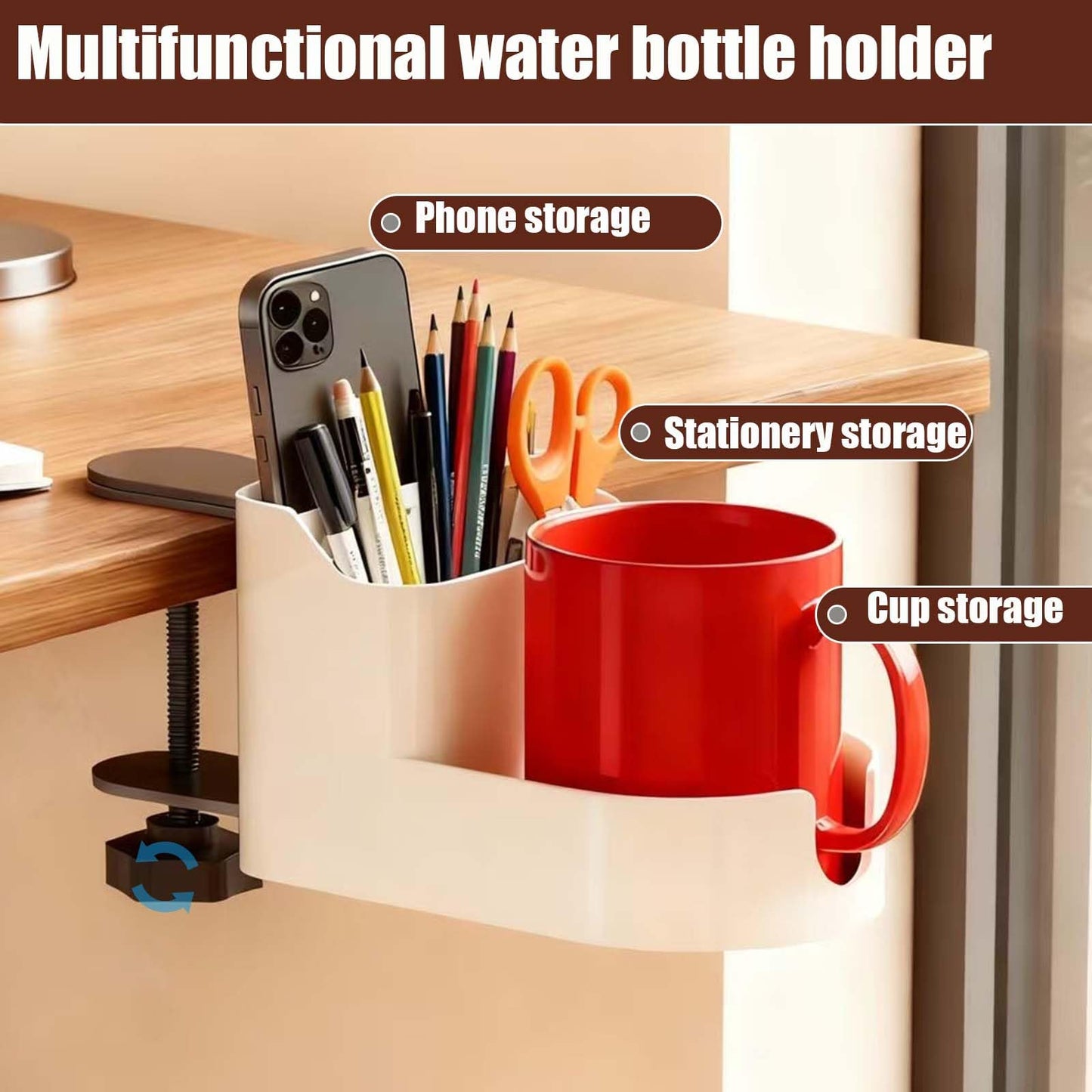 Desk Cup Holder Clamp,Clip on Cup Holders for Desks with Charging Hole and Spill-Proof Cup Design - Desks Side Drinking Cup Holders Clip for Home,Office&Gaming Desk Accessories