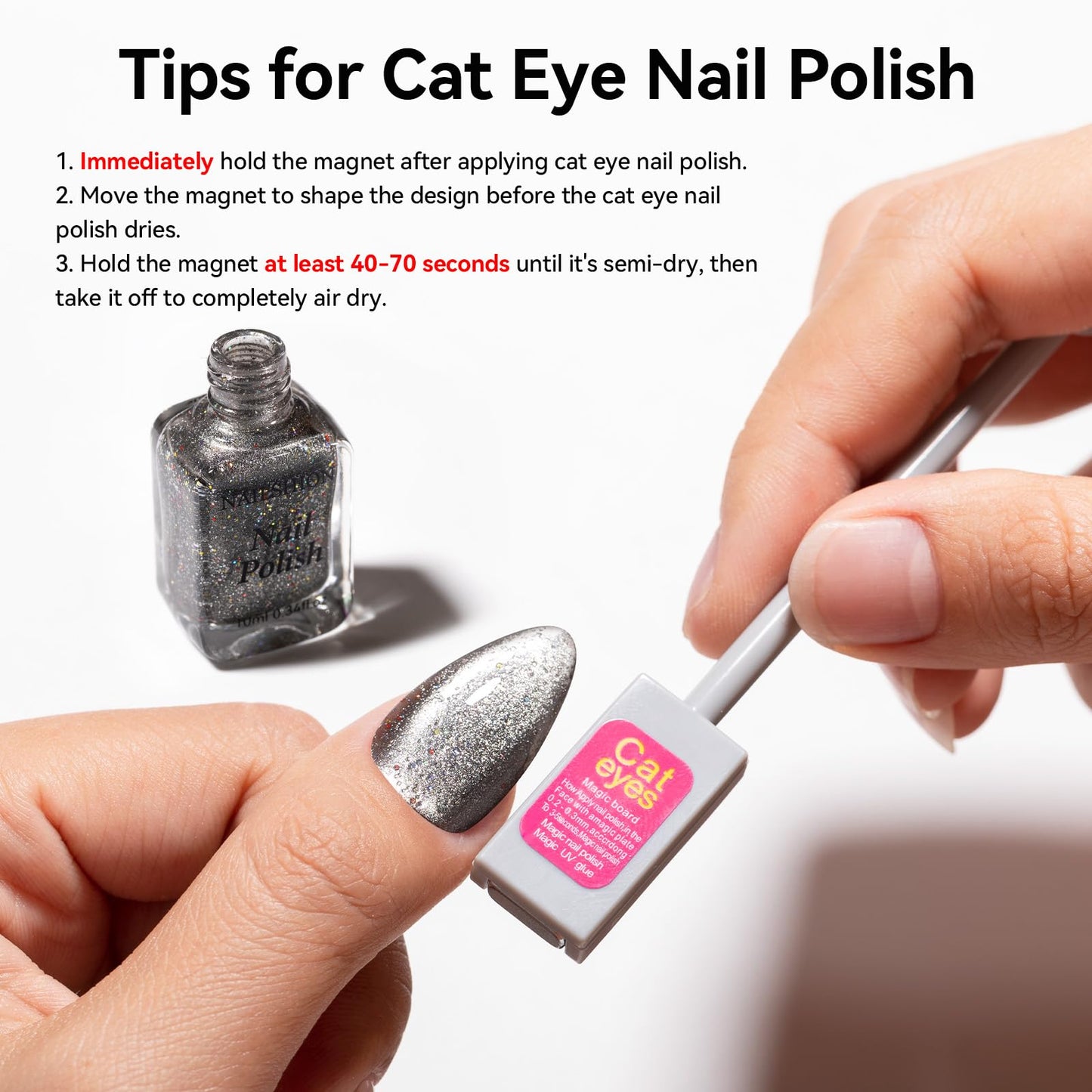 Nailshion Nail Polish Set 6 Colors Black White Silver Gray Sparkle Cat Eye Glitter Shimmer Nail Polish Kit with Magnet, Quick Air Dry Non Gel, Nail Art DIY Home Travel Manicure Gift for Women Girls