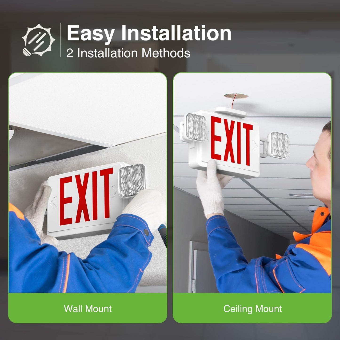 FREELICHT 2 Pack LED Exit Sign with Emergency Lights, Adjustable LED Emergency Exit Lights with Battery Backup, Easy To Install, UL Certified, AC 120/277V