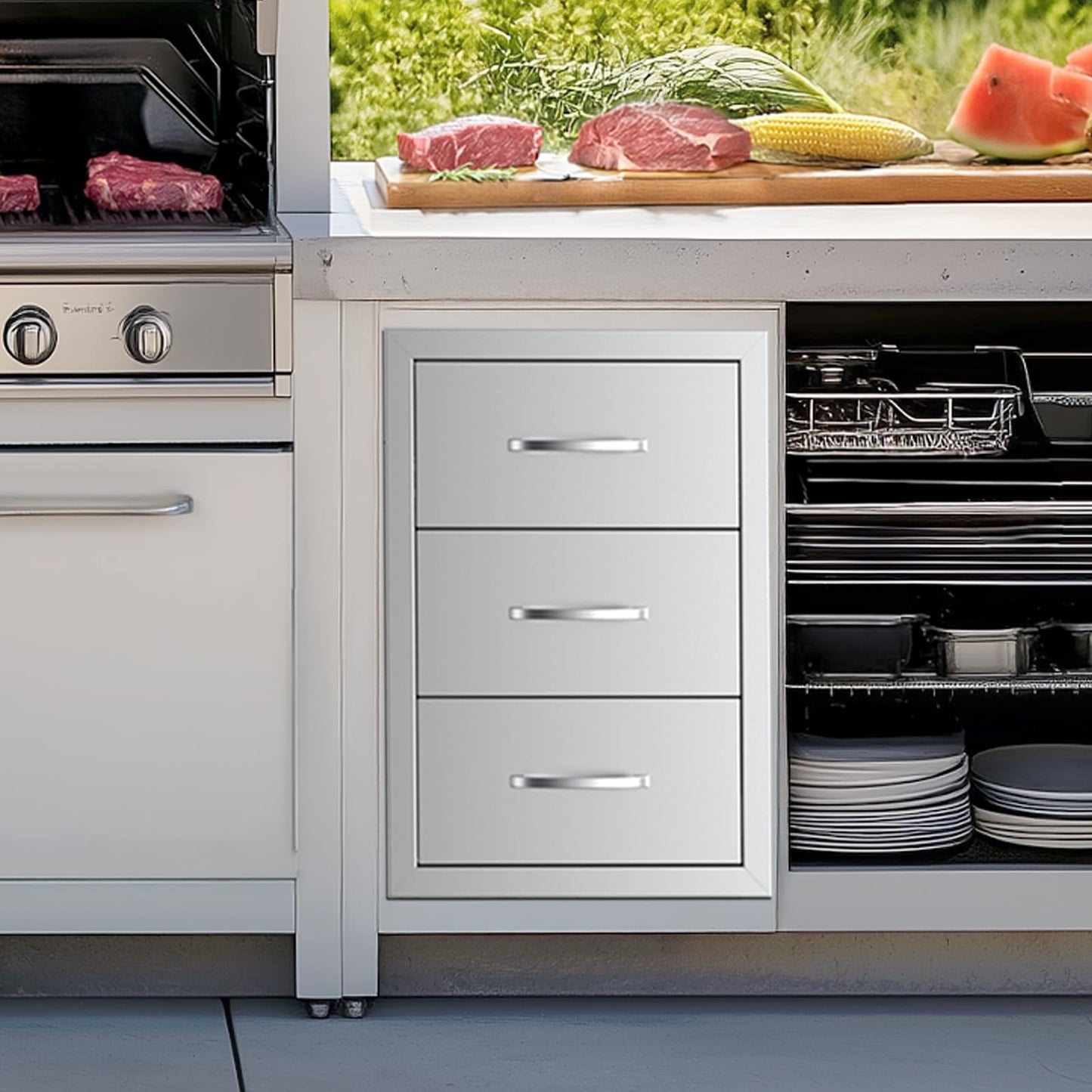 VEVOR Outdoor Kitchen Drawers, 18.5" W x 22.5" H x 22.5" D Triple Access Drawers, Stainless Steel Flush Mount Cabinets, BBQ Island Storage with Handle, for Outdoor Kitchens or Patio Grill Station