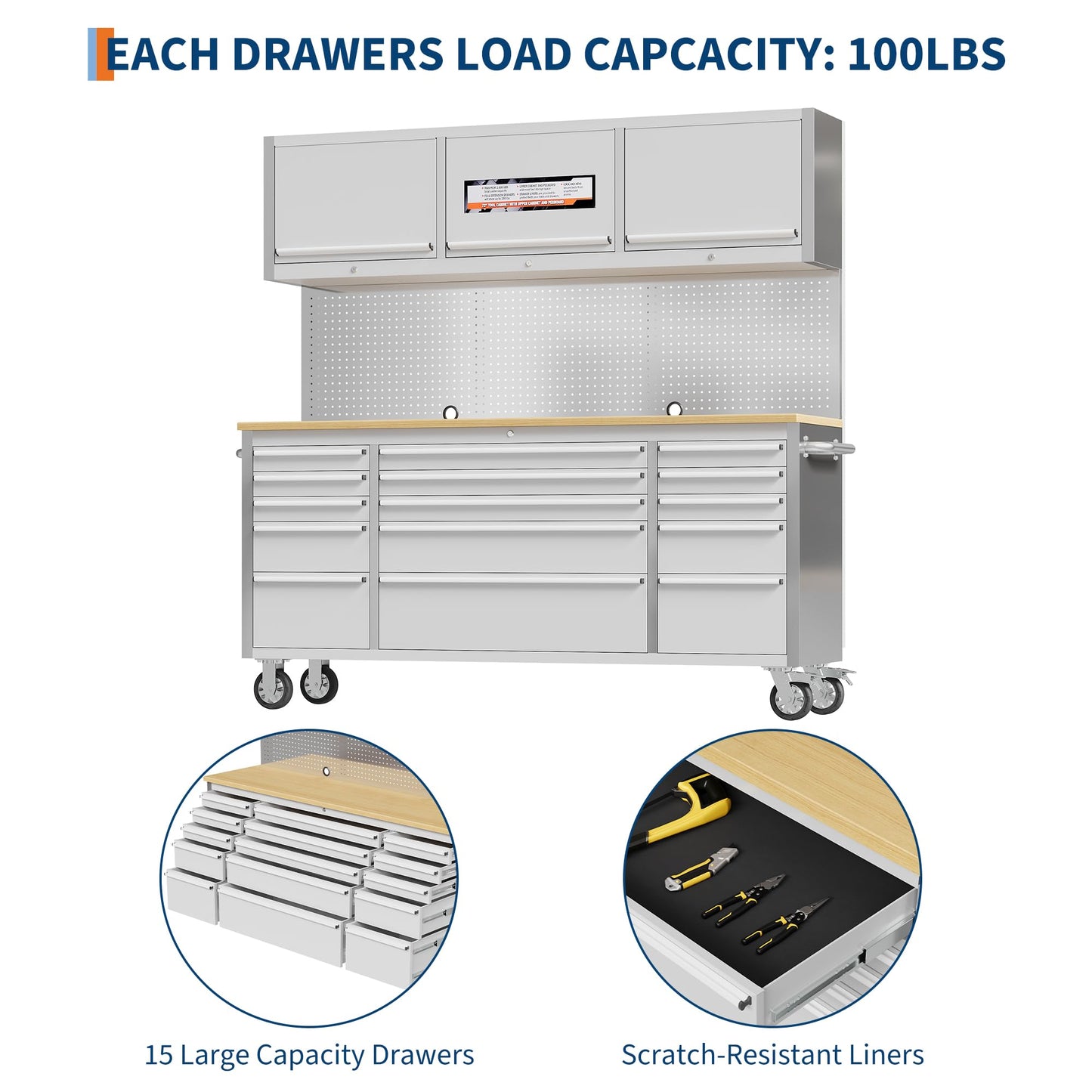 GAOMON 72 Inch Tool Chest, Tool Cabinet with 15 Drawers, Mobile Storage Cabinet with Locking System, Stainless Steel Material and Sturdy Structure, High Capacity for Home Workshop Kitchen and Garage.