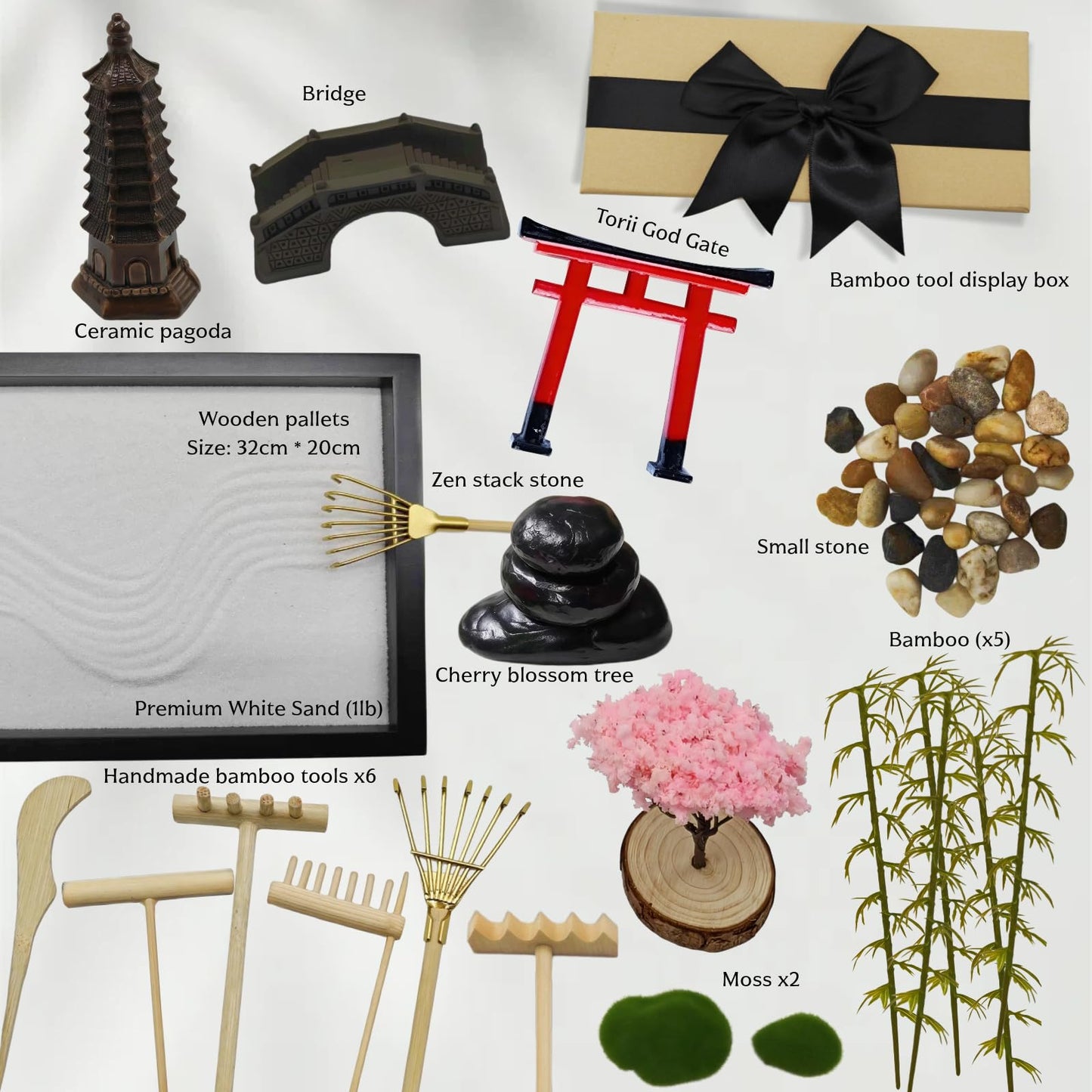 Flasunire Zen Garden Kit - Mini Zen Sand Garden Beautiful Japanese Gift Set Decor, 12.5 x8in Sand Tray, Meditation Gifts, Sand Tray Therapy Desktop Meditation Room, 15 Accessories and 6 Tools