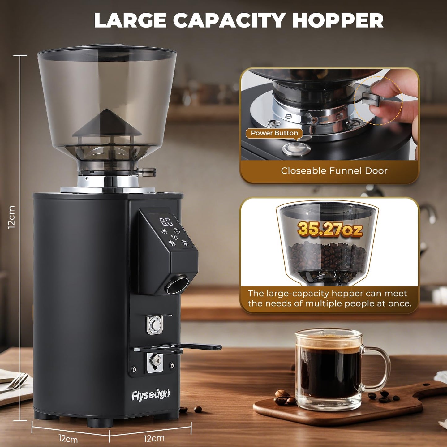 Flyseago Commercial Coffee Grinder Heavy Duty - 64mm SS Flat Burrs, 8 Precise Settings, Button Control, 35oz Hopper, Business and Home Use, Black 400W