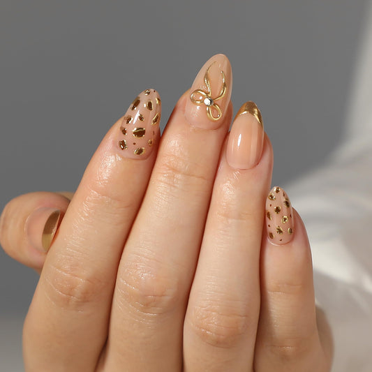 PILOLO Press On Nails Leopard Print, Almond Acrylic Press On Nails, Cheetah Print Fake Nails Glue On, Medium Full Cover Reusable Stick On False Nail Tips for Women Girls (Wild Gold)
