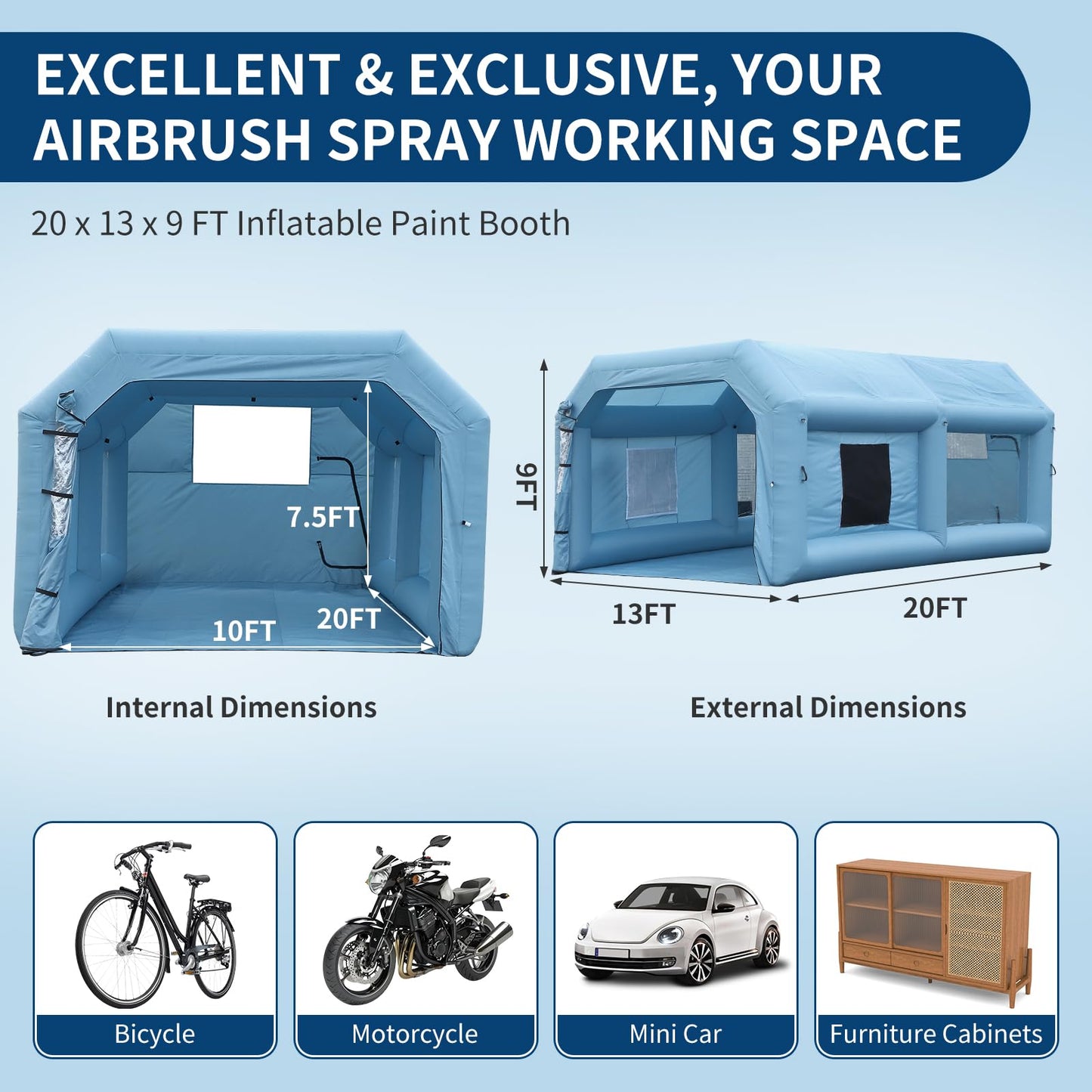 Inflatable Paint Booth 20x13x9Ft with 750w Blower, Portable Spray Paint Tent for Cars, Auto Parts, Home DIY- Durable Oxford Fabric