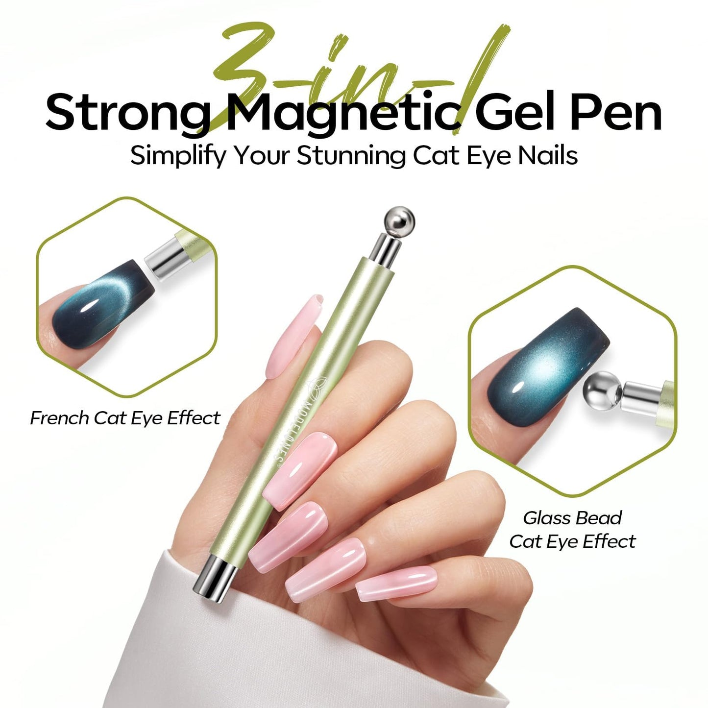 modelones Cat Eye Magnet for Nails, 3-in-1 Green Cateye Gel Polish Magnet Pen & Heart-Shaped Magnet for Nail Art & Ball &Hole &Lightning Magnet, Multi-Effect Magnets for Nail Art Lovers DIY Salon