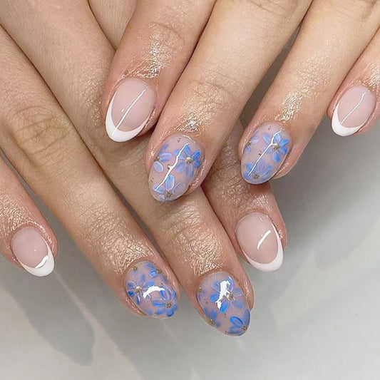 White French Tip Press on Nails Short Almond Fake Nails False Nails with Blue Flower Glitter Designs Glossy Glue on Nail Summer Spring Acrylic Nails for Women Girls 24Pcs