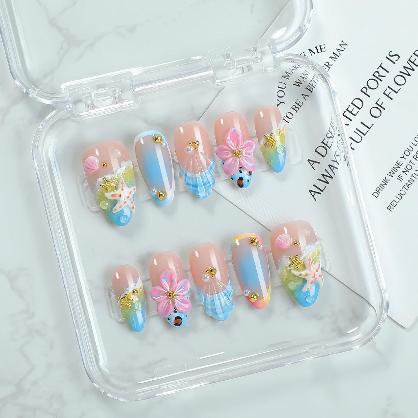 Threelegscat Summer Nails Medium Almond, Press on Nails Pink Nude with 3D Flower Starfish Shell Design,Reusable & Easy to Apply for Women Beach Vacation and Daily Wear Size M10PCS