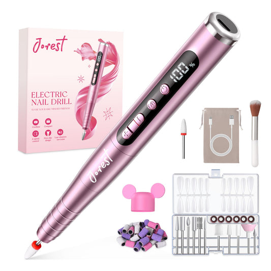JOREST 13-in-1 Cordless Electric Nail Drill Kit with LED Display, 35,000 RPM 6-Speed Rechargeable Manicure Tool for Acrylic Gel Nails, Nail File with Bits & Sanding Bands, Gifts for Women, Rose Pink
