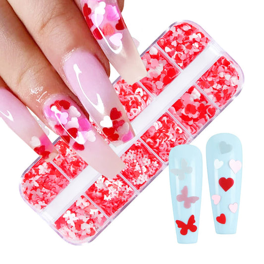 Nail Art Glitter Sequins, White and Pink 3D Glitter Flakes Designs, Love Heart Butterfly Flowers Sparkly Acrylic Nails Supplies for Women Girls Manicure Charms Decorations, DIY Resin Nail Art