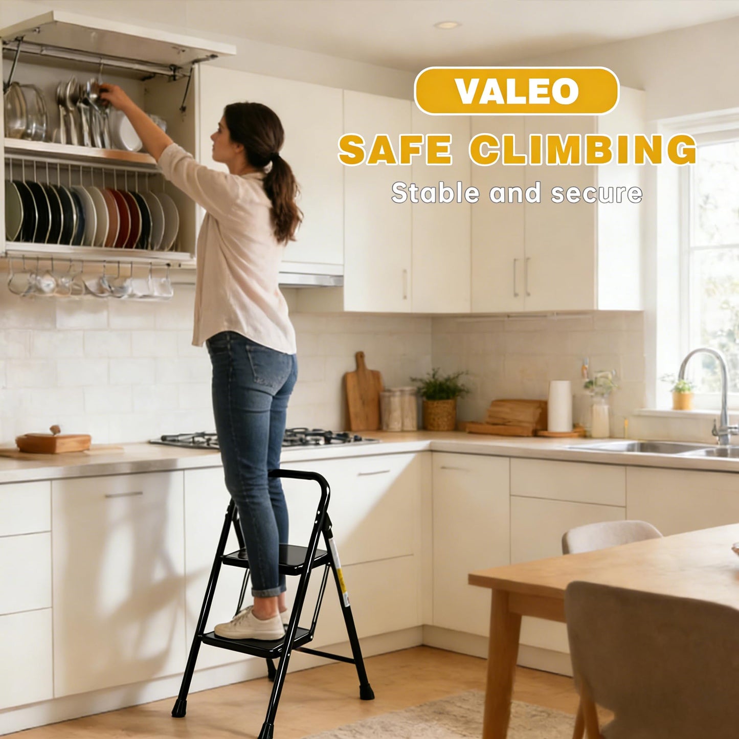 Valeo 2 Step Ladder, Step Stool with Wide Anti-Slip Pedal, 330 lbs Capacity,Step Ladder Folding Step Stool for Adults, Lightweight Steel Portable ladders for Home Kitchen & Office,Black