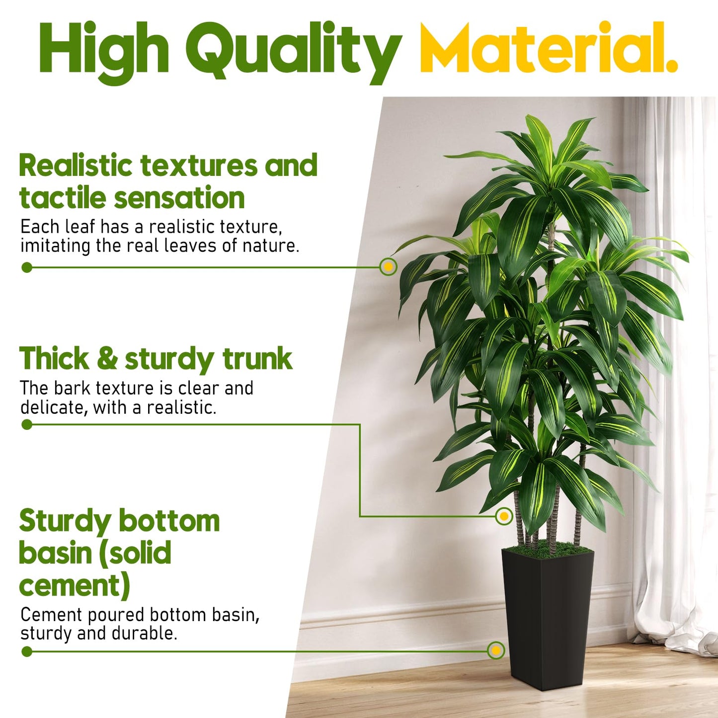 Artificial Dracaena Tree Indoor, 6FT Tall Fake Tree with Black Tall Planter, Artificial Trees Fake Yucca Potted Tree for Home Office Living Room Decor, Tall Artificial Plant for Housewarming