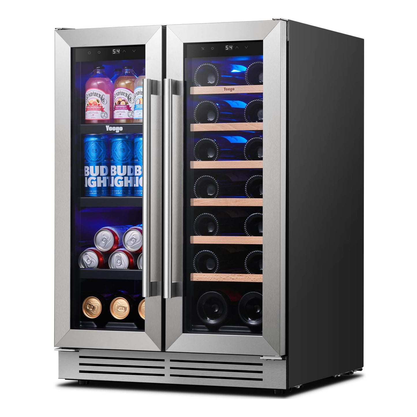 Yeego Wine and Beverage Refrigerator - 24 Inch Dual Zone Wine Fridge 60 Can & 20 Bottle, 36-72°F Cooler Built in Under Counter Fridge with Glass Door for Beer Soda Drink Home Bar Office