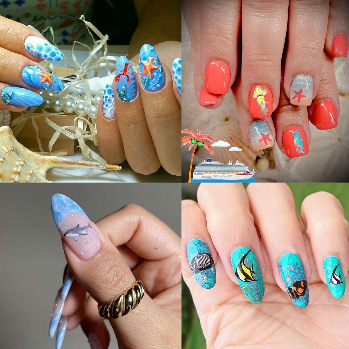 8 Sheets Summer Ocean Nail Art Stickers 3D Self-Adhesive Starfish Seashell Nail Stickers Beach Fishtail Shellfish Starfish Designs Nail Art Supplies for Women and Girl DIY Manicure Decorations