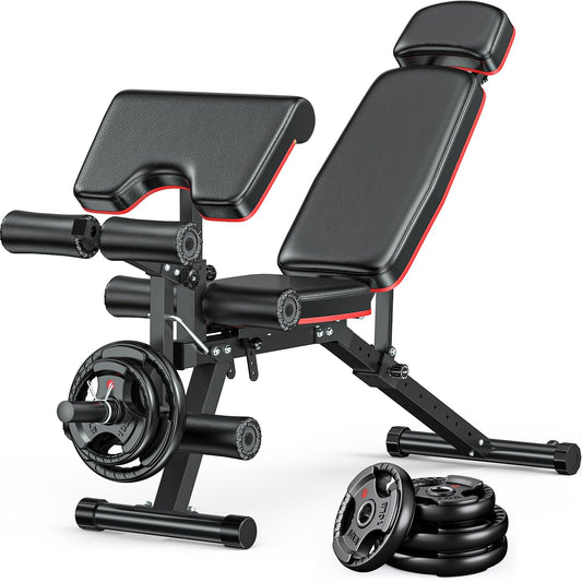 XDDIAS Workout Bench, Adjustable Weight Bench with Leg Extension and Leg Curl, Extended Headrest, 900LBS Preacher Curl Bench, Included 2 * 10LBS+2 * 25LBS Weight Plates