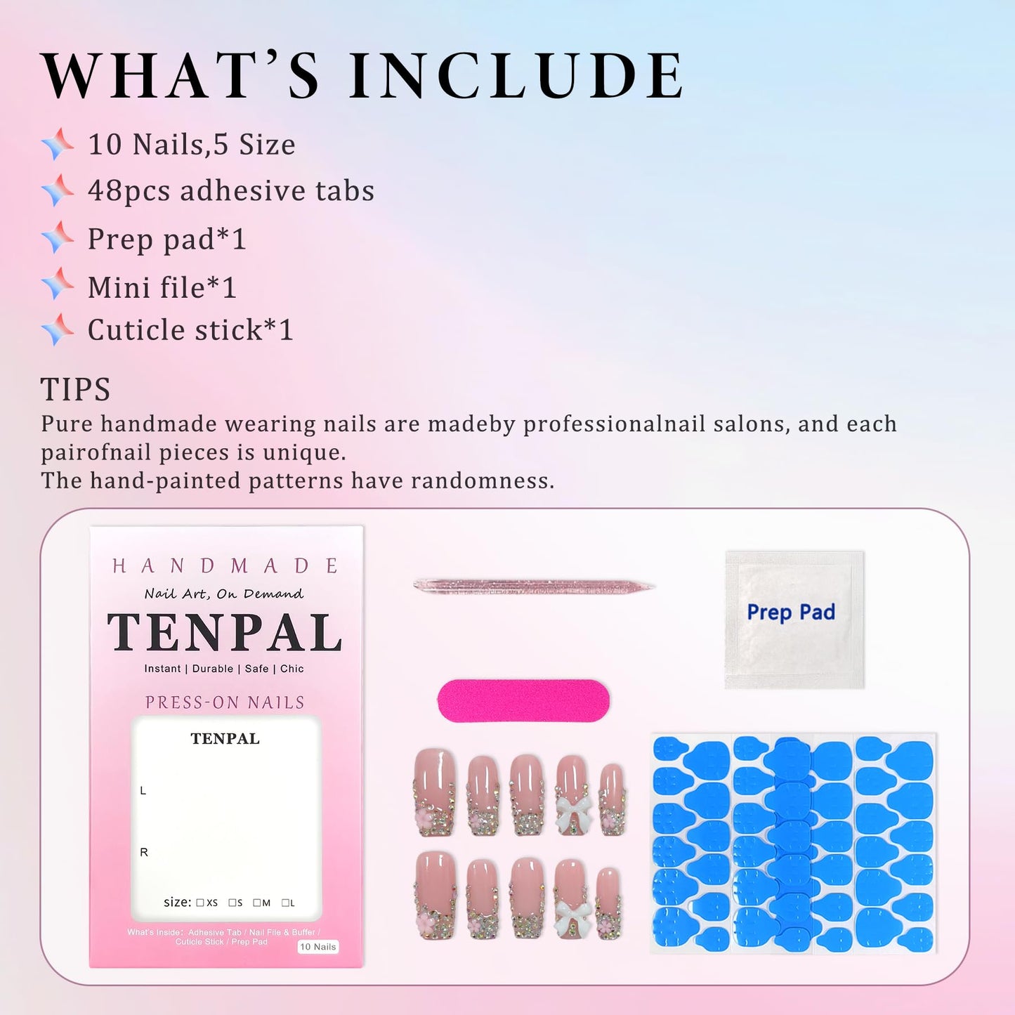 TENPAL Handmade French Tip Press on Nails Medium Coffin 3D Bow Rhinestone Glitter Pink Cute Sweet Girly Reusable Daily Wear Salon Acrylic False Nails 10PCS(M)