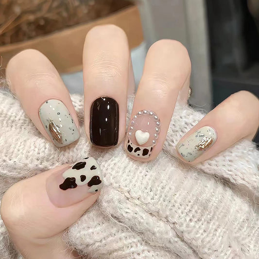 Press on Nail Short Square Length, 24Pcs Full Cover Reusable False Nails Kits, Glue On Nails with Cow Print Designs, Artificial Fingernails Acrylic Fake Nails for Women, Stick on Nails Coffin Shape