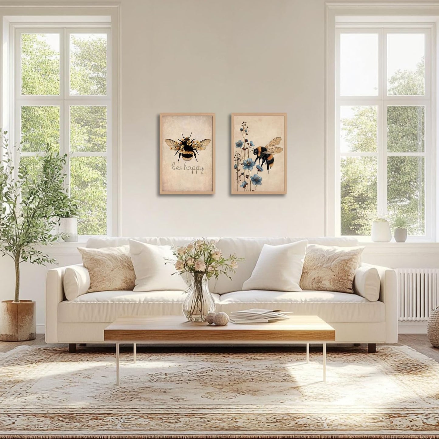 CVXHKH 2Pcs Bee Happy Framed Bumblebee and Flower Canvas Wall Art, Bee Lover Gift Rustic Nature Artwork Inspirational Botanical Picture, Cute Insect Artwork for Living Room, Bedroom, Office 12x16in