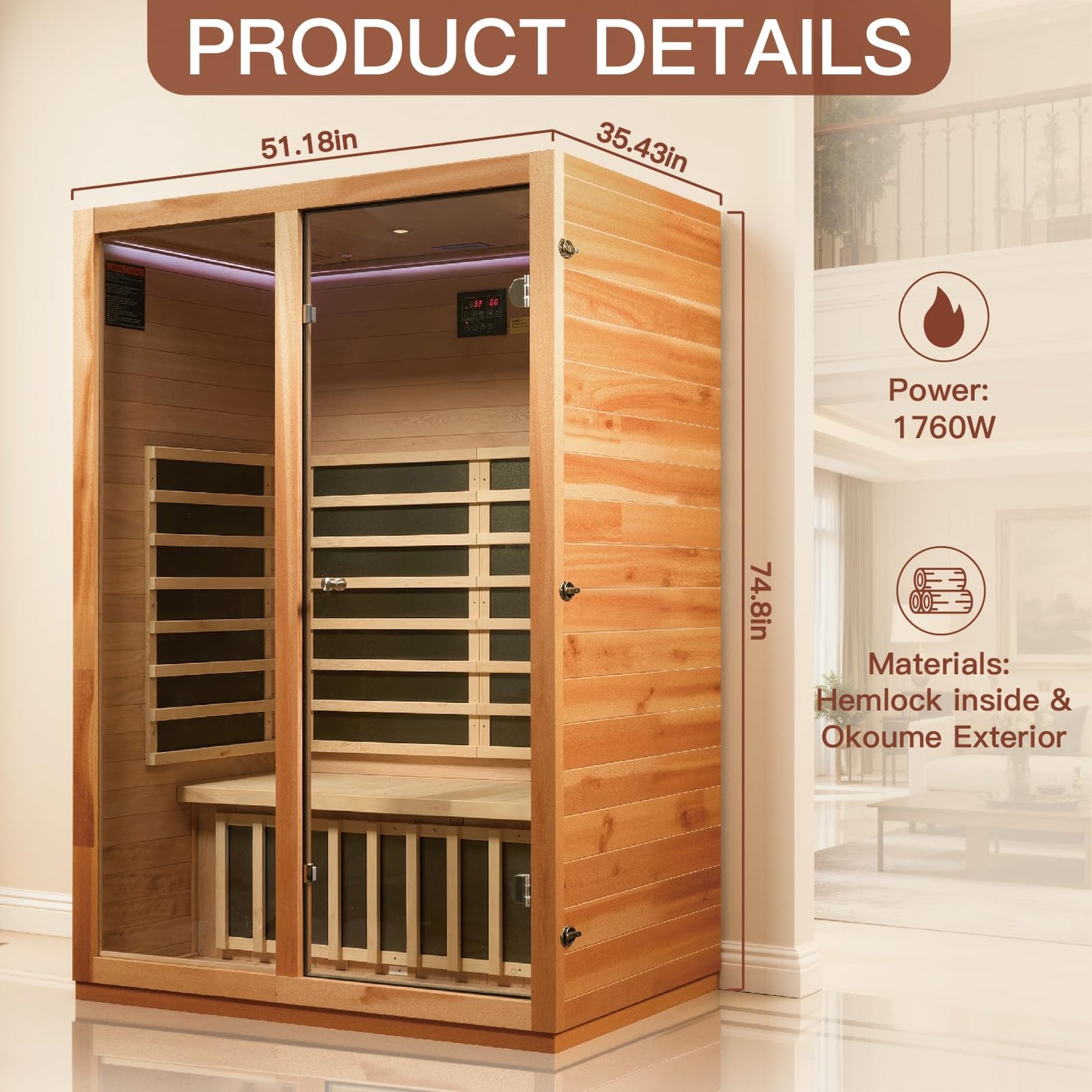2 Person Infrared Sauna for Home, Low EMF Heater Panels & Chromotherapy Lighting, 1760W/120V, Perfect for Personal Home Sauna for Relaxation and Spa Wellness, 51.18" x 35.43" x 74.8"