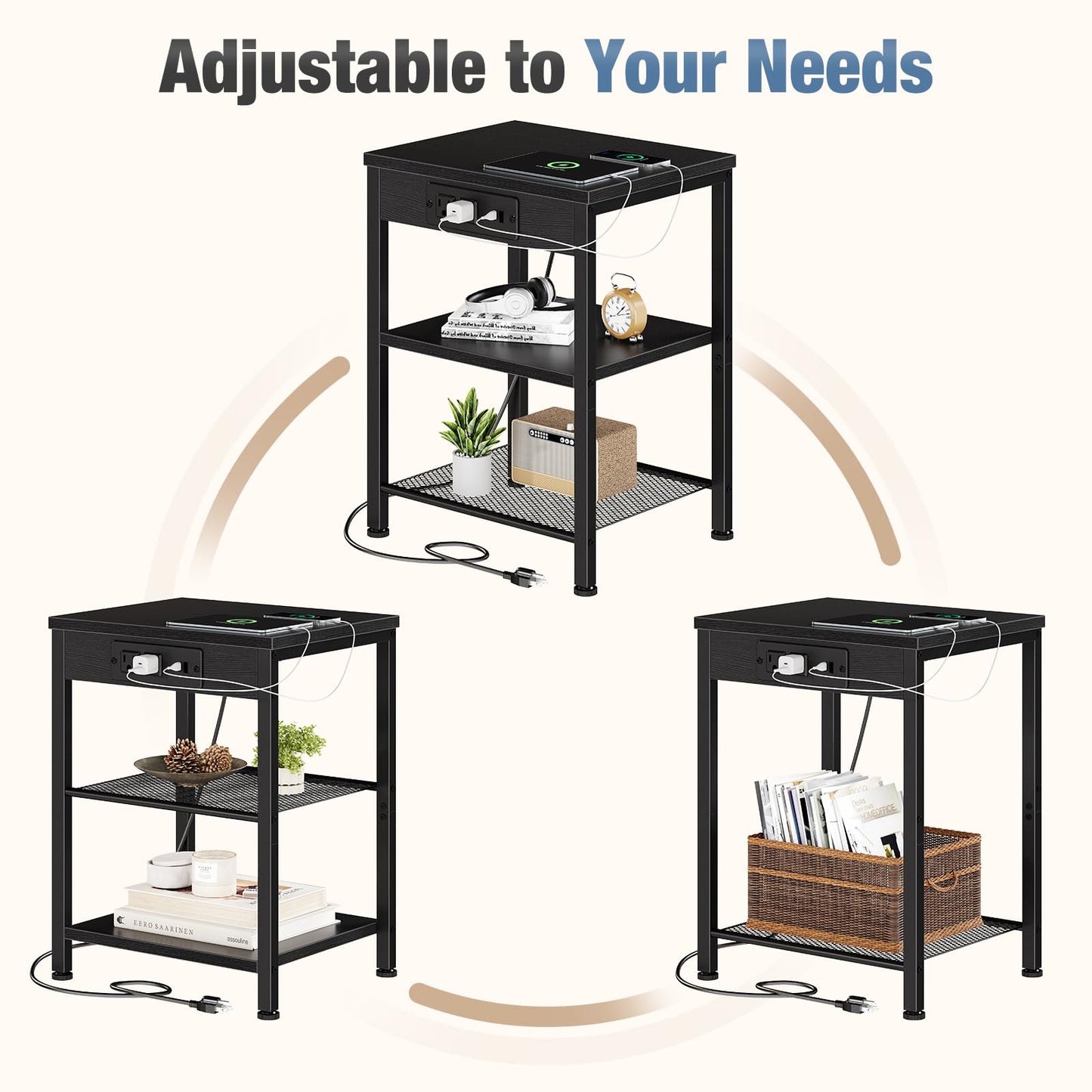 DUMOS 15.7" Small Side Table with Charging Station, End Table with Outlets & USB Ports, 3-Tier Adjustable Storage Nightstand for Living Room, Bedroom, Small Spaces, Record Player Stand, Black