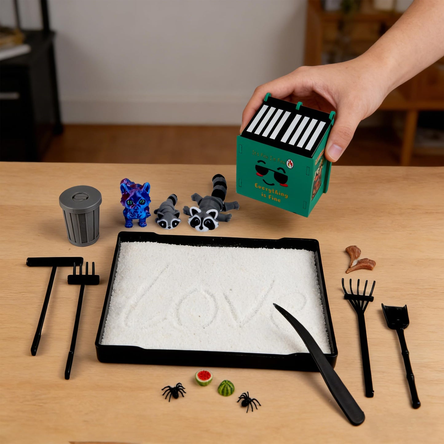 2026 New Dumpster Fire Zen Garden Desktop Kit with Raccoon Figurines - Funny Office Desk Accessory for Stress Relief, White Elephant Gifts, Coworker Gifts - Mini Sand Tray Therapy for Adults