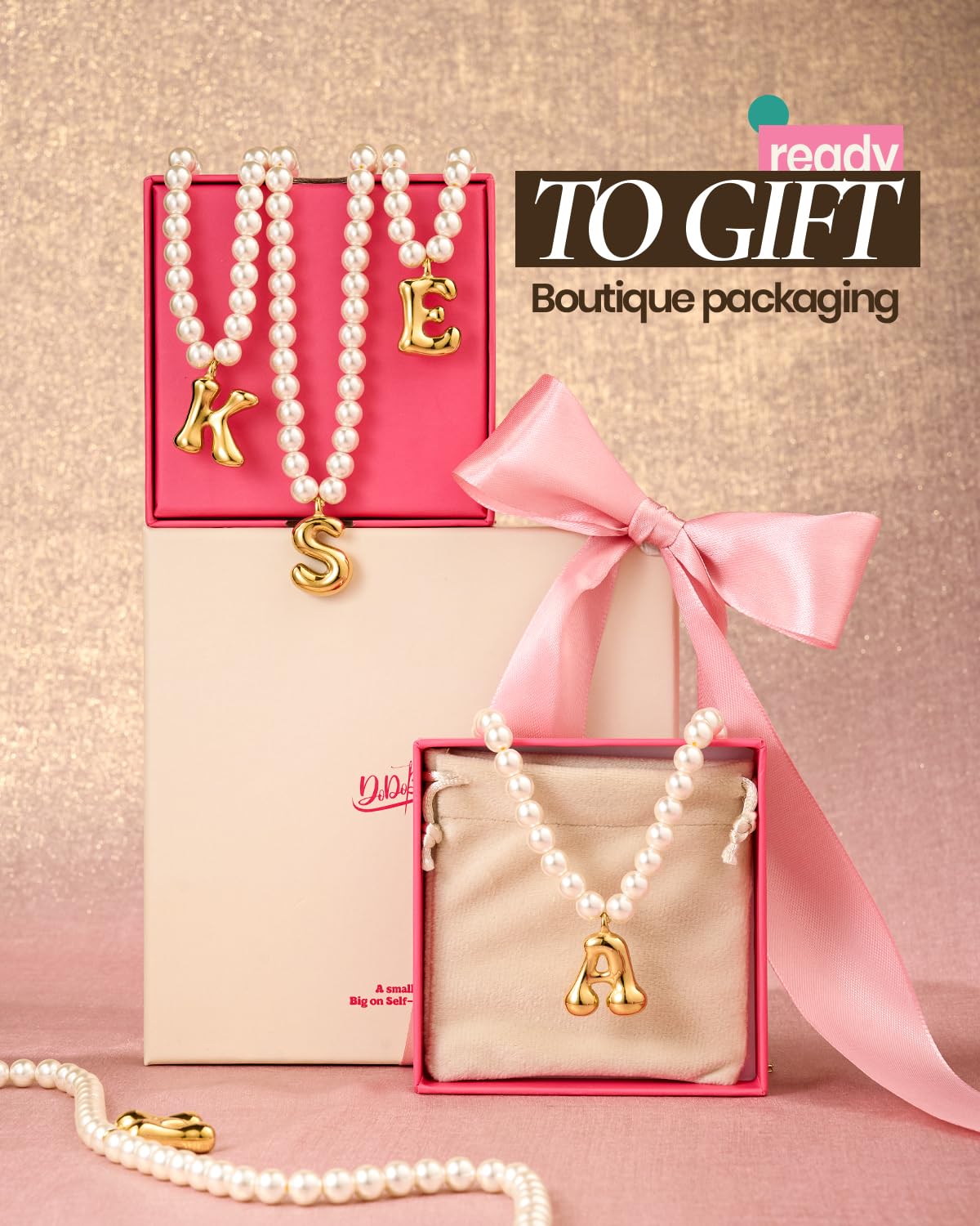 DoDoBeads Pearl Initial Necklace, 18K Gold Plated Stainless Steel Balloon Letter Pendant O, Non-Tarnish Waterproof Chunky Monogram Jewelry Gifts for Women Teens