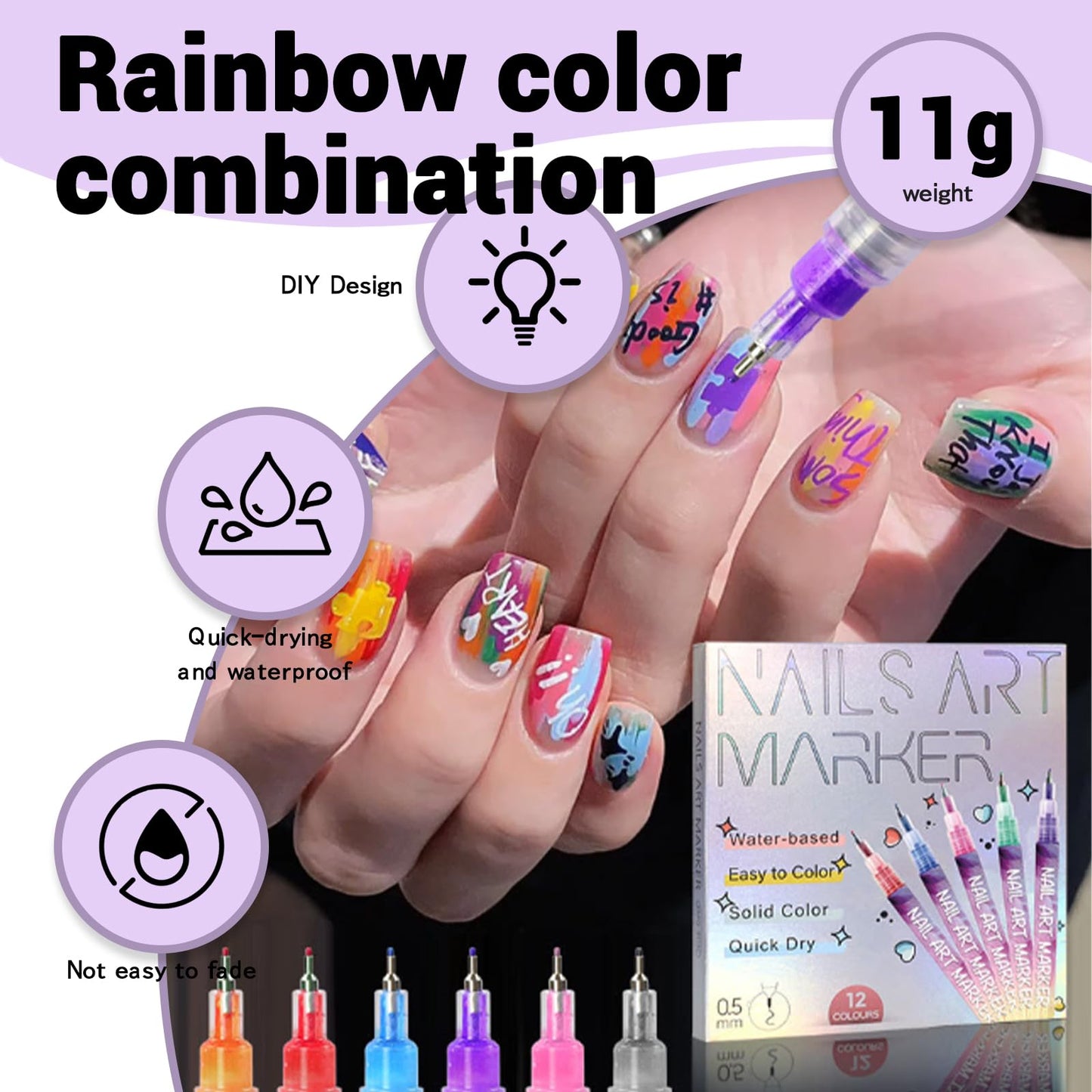Hinourisha12pcs 3D Nail Art Pens Set, Nail Art Markers, Acrylic Nail Paint Pens Kit, Nail Polish Pen Quick-drying Waterproof for Paint Point Line Art Manicure Tools for Girls Gift