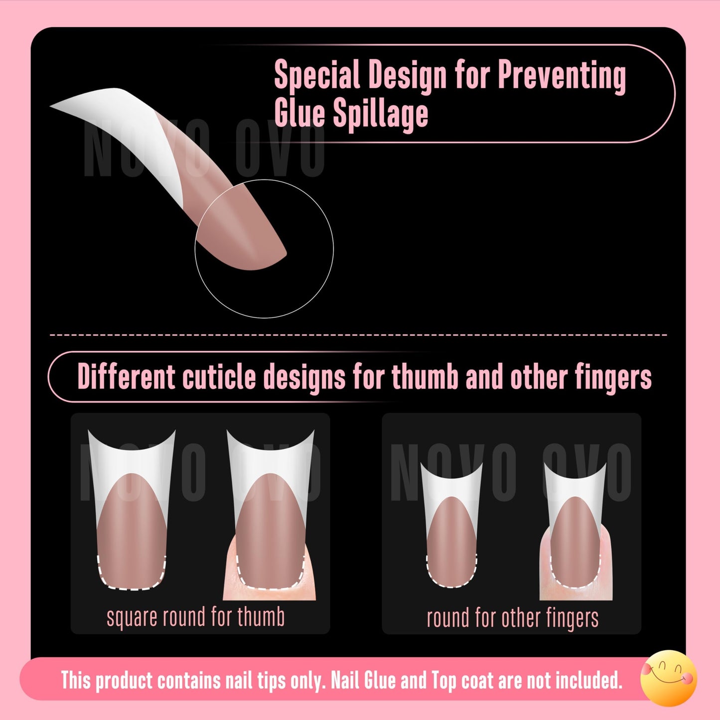 NOVO OVO Halloween Duck Nail White French Tips Press On BROWN PINK with Moon Curve, Medium Extra Thick Full Cover Acrylic,Pre-Etched Wide Soft Gel False Nail Extension for Salon DIY x 15 Sizes 150 pcs