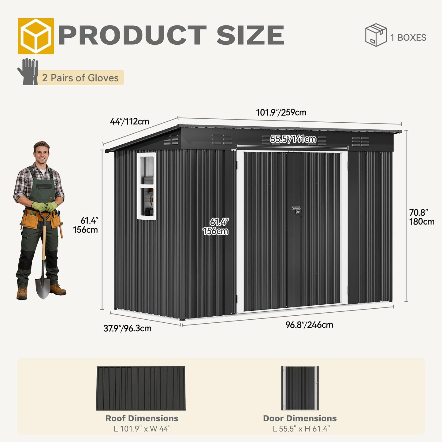 DWVO 9' x 4' Outdoor Storage Shed with Windows, Lockable Double Doors, Sloped Roof, Heavy-Duty Steel Shed for Garden & Patio, Large Backyard Tool Organizer, Dark Gray
