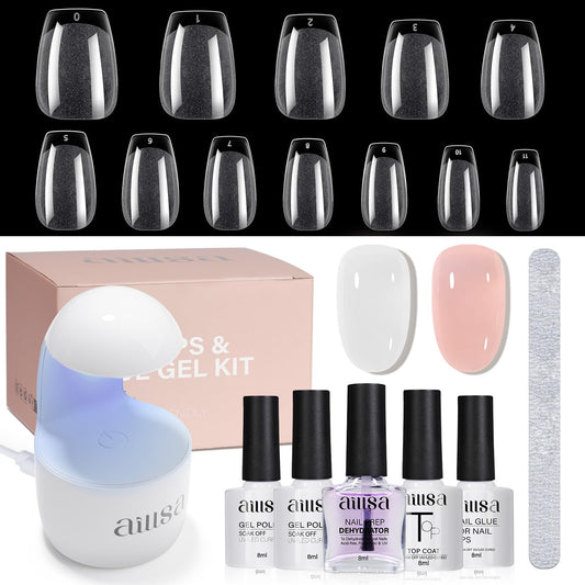 AILLSA Gel Nail Kit Short Coffin Nail Tips 240pcs with 2 In 1 Nail Glue Base Coat and Nail Dehydrator, False Nail Tips Kit with U V Light Top Coat for Beginners DIY Home Salon