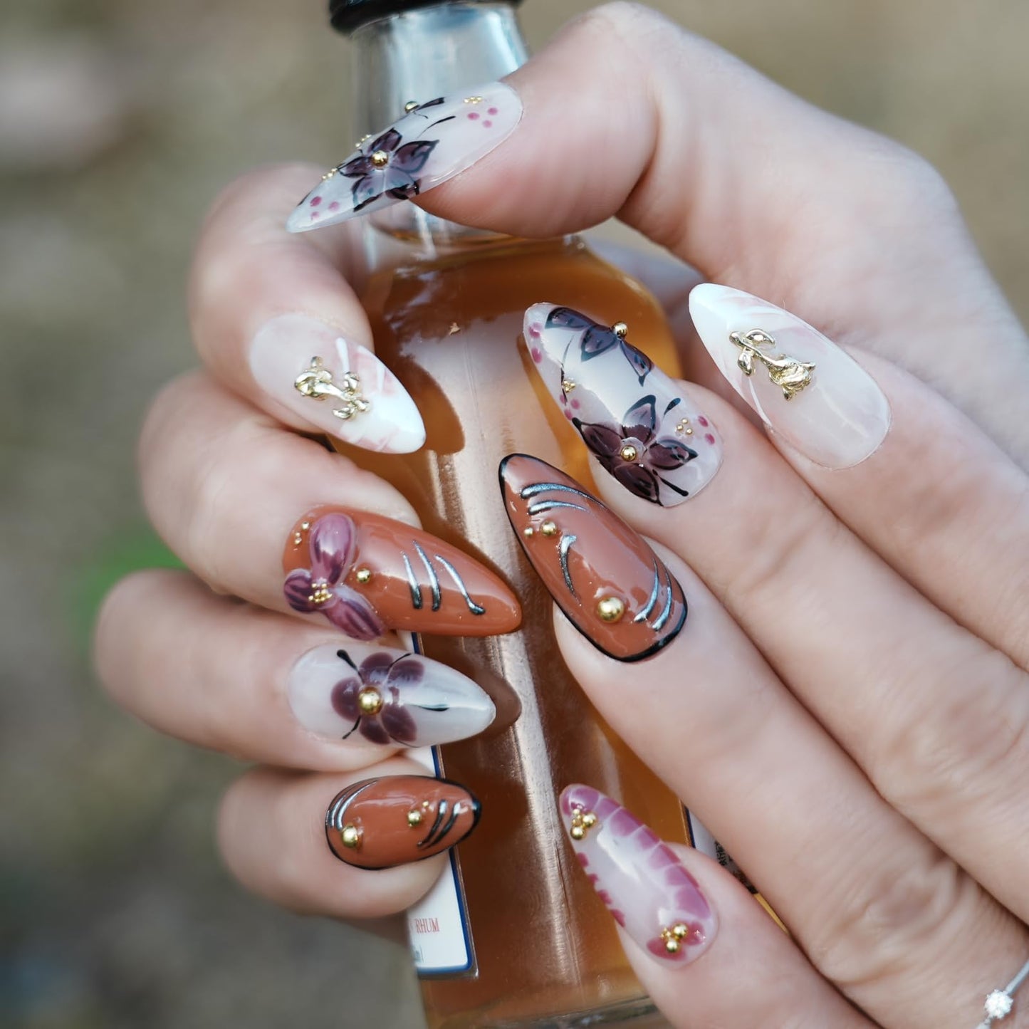 Tesytto 3D Embossed Flower Press on Nails Almond - Handmade Orange Brown & White Design, Luxury Glossy Reusable Fake Nails for Women(Orange Pink Flower Glaze, L)
