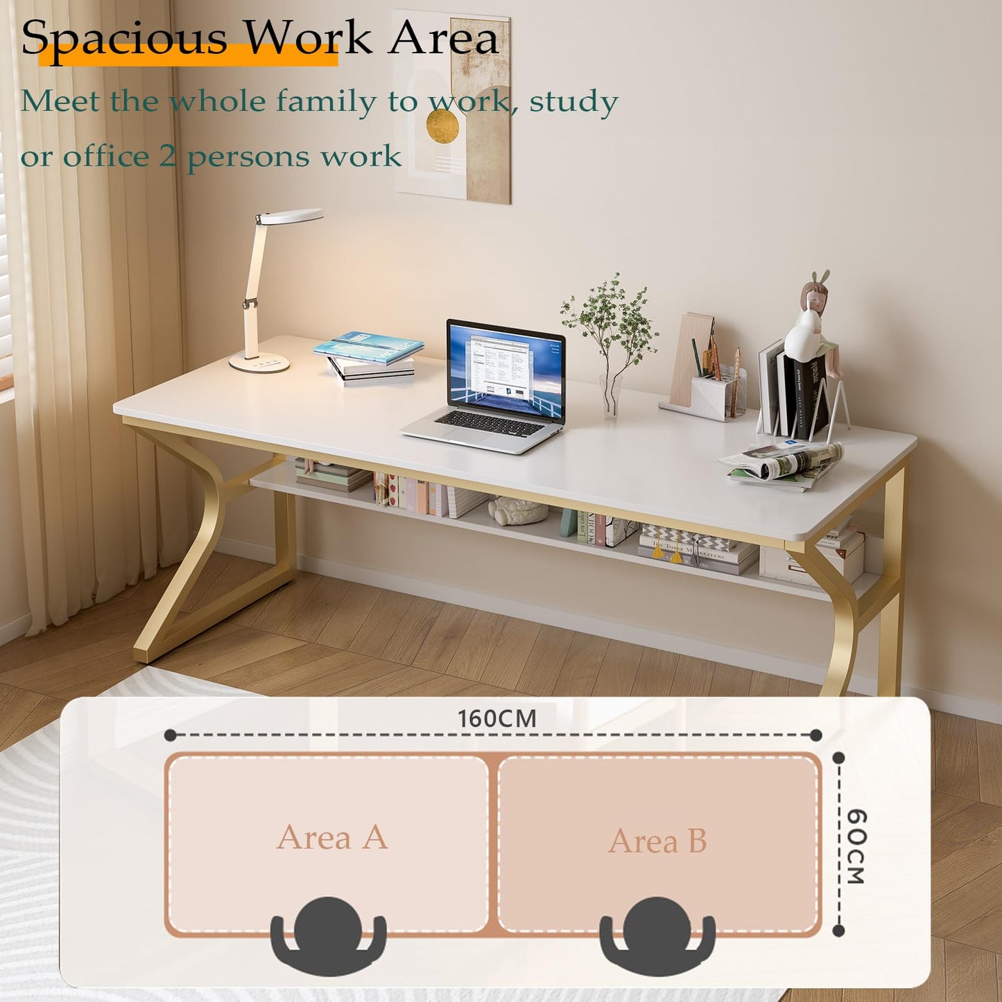 OSCHF Extra Long Desk with Bookshelf - 63" Double Long Writing Table for 2-Person Workstation, Modern Study Work Computer Desk for Home and Office, Gold