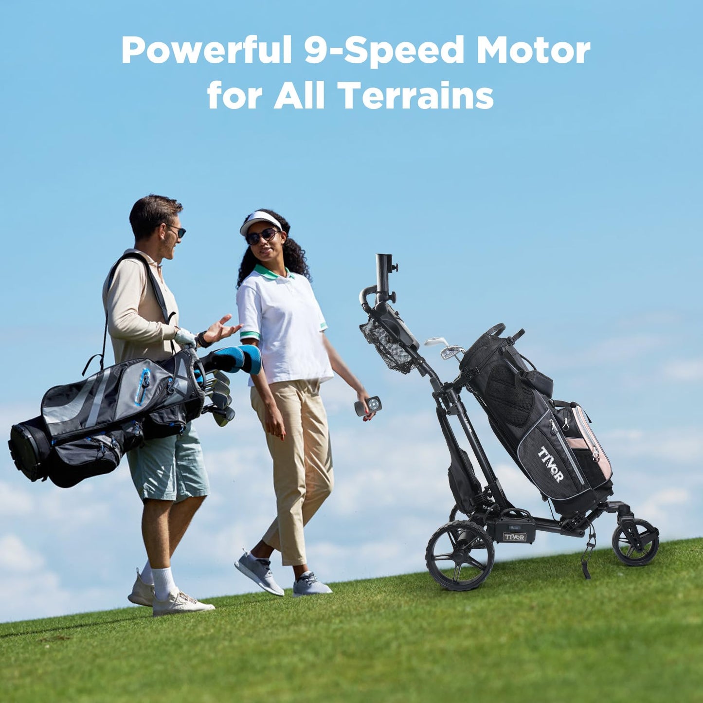 Tivor Electric Golf Push Cart with Remote Control,3 Wheel Golf Push cart with 4V10Ah Li-Ion Battery, 9 Speed Gears, Extra Large Storage, 360° Front Wheels, 2-Stage Folding with E-Brake