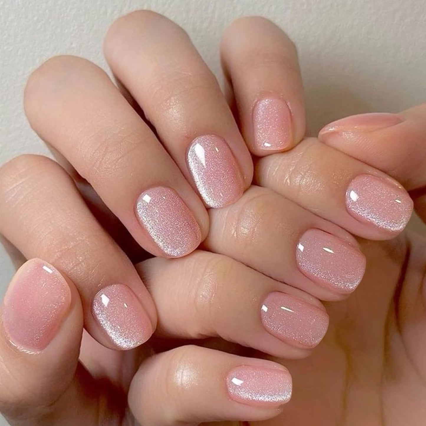 GLAMERMAID Nude Pink Cat Eyes Short Press on Nails, Spring Summer Extra Short Squoval Glue on Nails for Women, Square Soft Gel Fake Nails, Round Reusable Acrylic False Nails Manicure Kit for Women