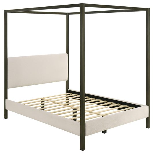 Coaster Home Furnishings - Monroe - Wood - Upholstered Canopy Bed with Four-Post Metal Frame, Padded Headboard and Transitional Style - Bedroom - Queen Size - Vanilla - 300834Q