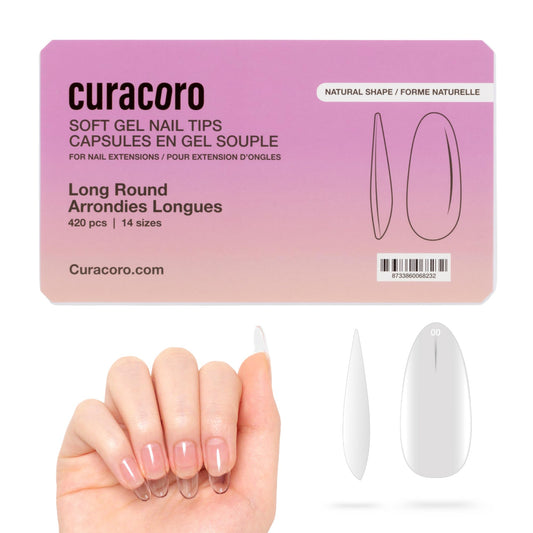 Curacoro Natural Long Round Gel Nail Tips 420Pcs, Clear Full Cover Soft Acrylic Tips 14 Sizes, Easy to Use, Long-Lasting, Glossy Finish