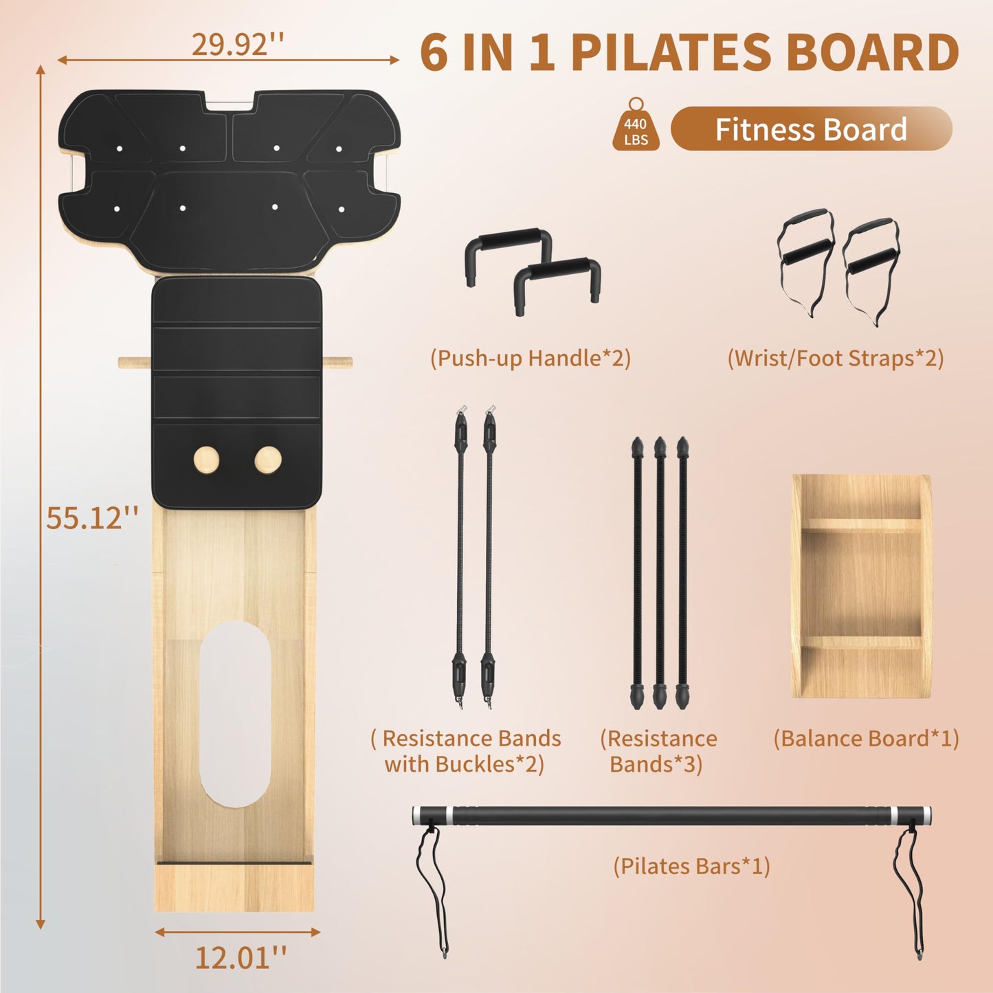 FIRRLUCO Pilates Reformer Machine,Wooden Foldable Pilates Board, Multifunctional Stable Pilates Reformer Board for Home Workout, Three Level Tension Adjustment, 6 in 1 Pilates Equipment for Woman