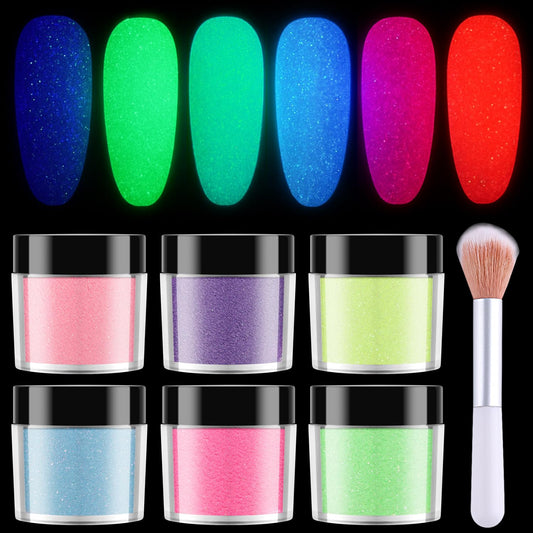 Furtherpretty Glow in The Dark Nail Powder Set, 6 Colors Sugar Glitter Pigment Dust for Nails, Neon Pink Blue Yellow Acrylic Nail Art Decoration with Brush, Efecto Azúcar para Uñas Acrílicas