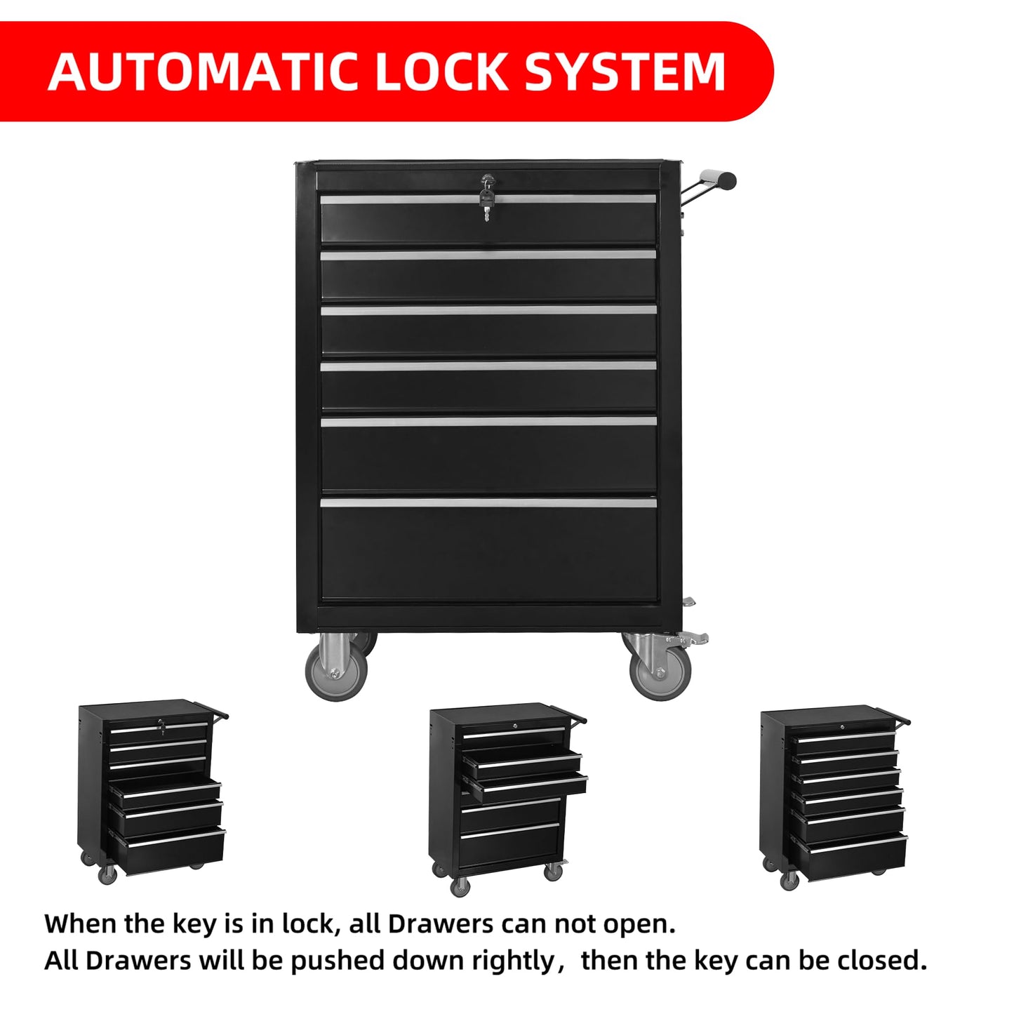 QSOSTNS 6-Drawer Rolling Tool Chest Cabinet, Large Capacity Metal Tool Box with Wheels and Keyed Locking, Roll Around Storage Organizer Tool Cart for Garage, Warehouse, Work Shop (Black)