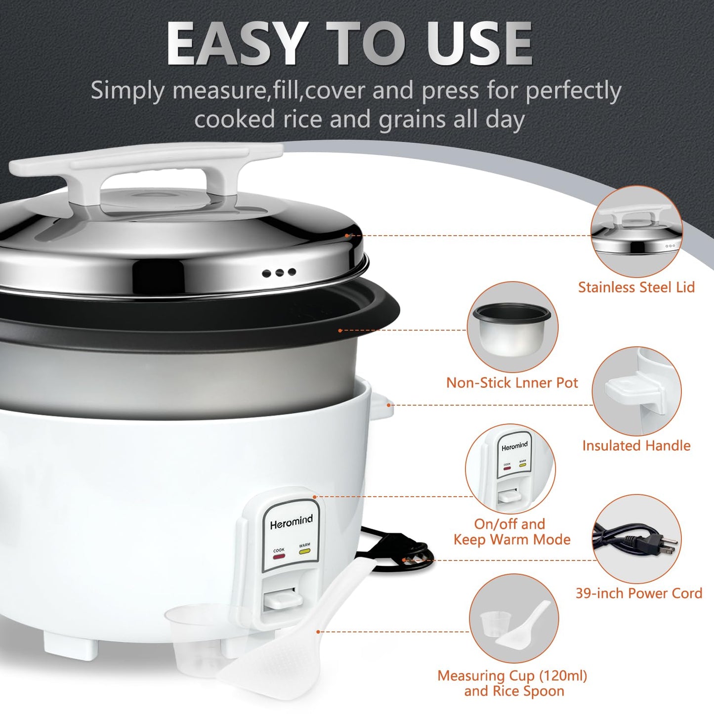 Heromind Commercial Rice Cooker, 90-Cup Rice Cooker, 16Qt Large Rice Cooker with Nonstick Inner Pot, Fast Cooking and Auto Keep Warm, with Rice Cup and Paddle, Easy to Clean, 1950W