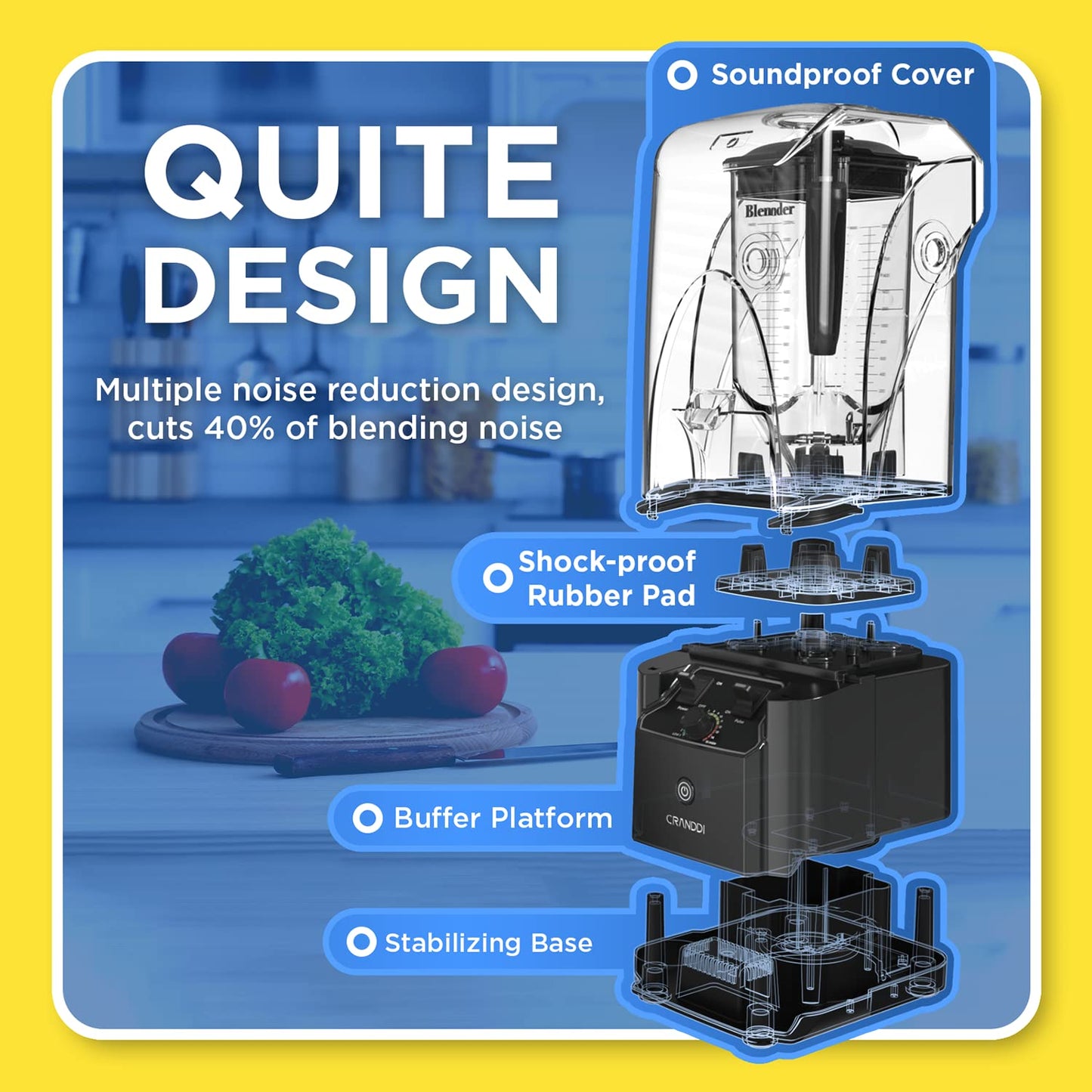CRANDDI Commercial Quiet Blender, 2200 Watt Professional Countertop Blender with 80oz Pitcher, Built-in Pulse & 15-speeds Control, Smoothie Blender for Commercial and Home, K90 Grey