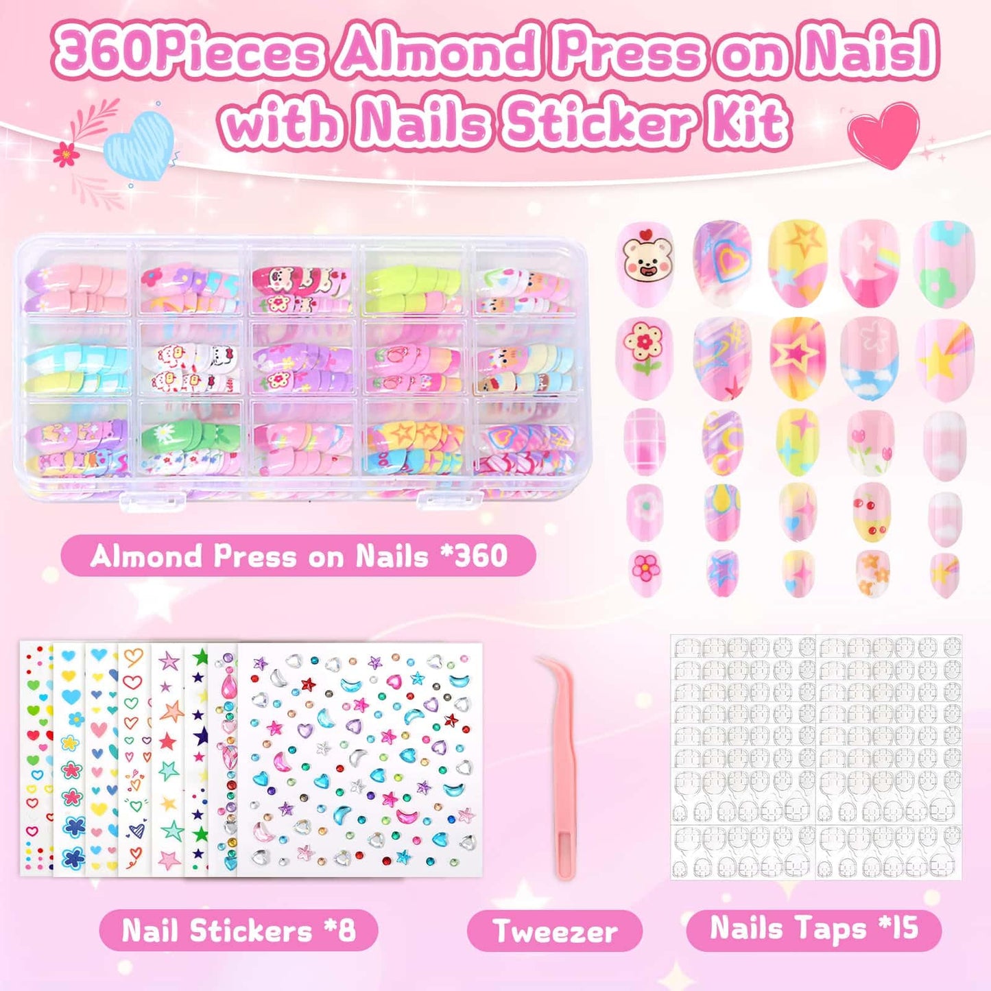 Press On Nails for Kids, 360 Pcs Almond Fake Nails for Girls, Heart Flower Nail Stickers, 3D Rhinestone Stickers Face Gems, Nail Art Kit for Girls Gift 8-12