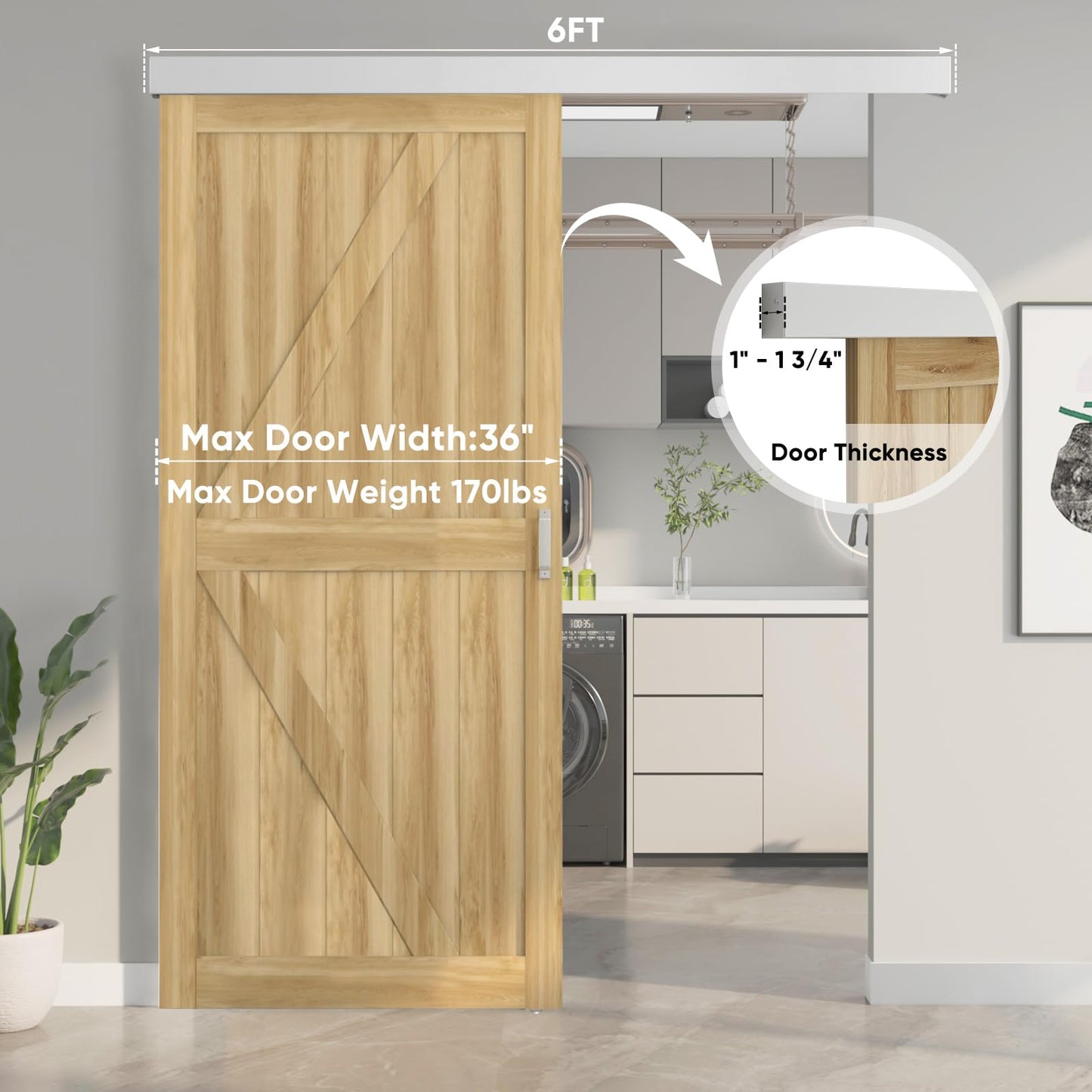 Barnsmith 6FT Sliding Barn Door Hardware Track Kit with Handles, Low Clearance Aluminium Alloy Box Rail Track, Silvery