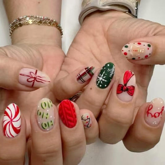 IMSOHOT Press on Nails Short Oval Fake Nails Matte Red Green Round False Nails with Bow, Snowflake Designs Cute Acrylic Full Cover Glue on Nails for Women Girls 24Pcs