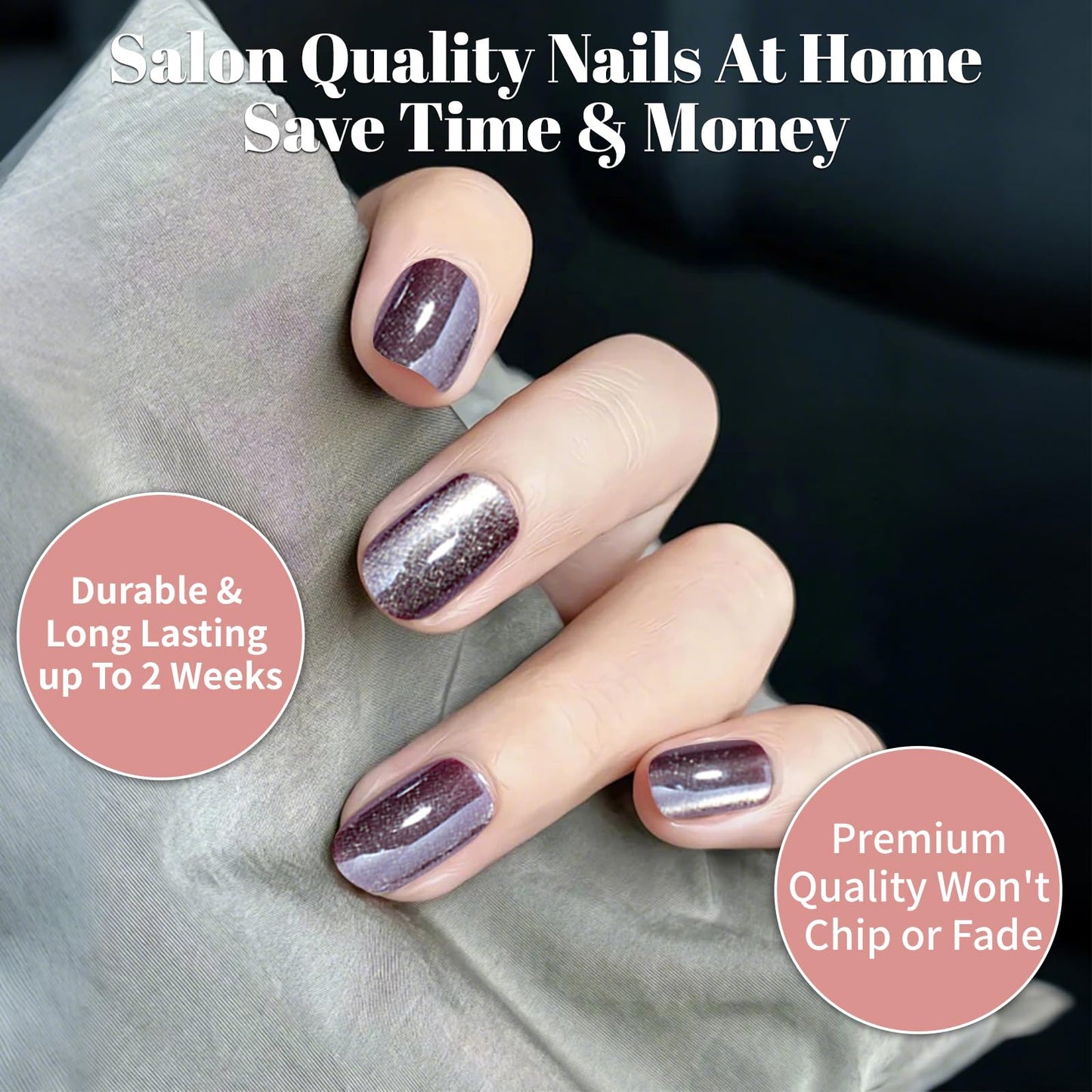 AsBellt Press On Nails - Short Oval Fake Nails with Cat Eye Velvet Finish, Glossy Full Cover Stick on Nails for Women Manicure, Salon Quality Halloween Nails | 12 Sizes - 24 Nail Kit-Burgundy