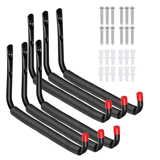 CRXCRC 6 Pack Garage Hooks Heavy Duty, Utility Steel Hooks with EVA Foam Padding, 15inch Wall Mount J Organizer Hanger for Hanging Bikes Kayak Garden Tool Hose Bike Shelf