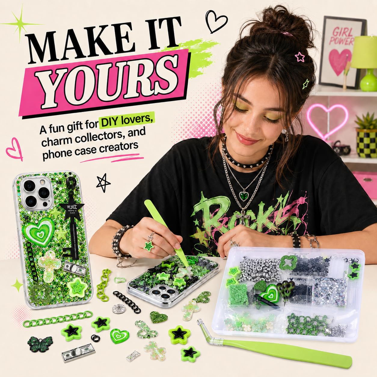 Prdingfy Green DIY Decoration Charms Kit, 3D Resin Flatback Charms with Stars, Starbursts, Flowers, Rhinestones, Moons & Bears for Phone Case Crafts & Nail Art Accessories