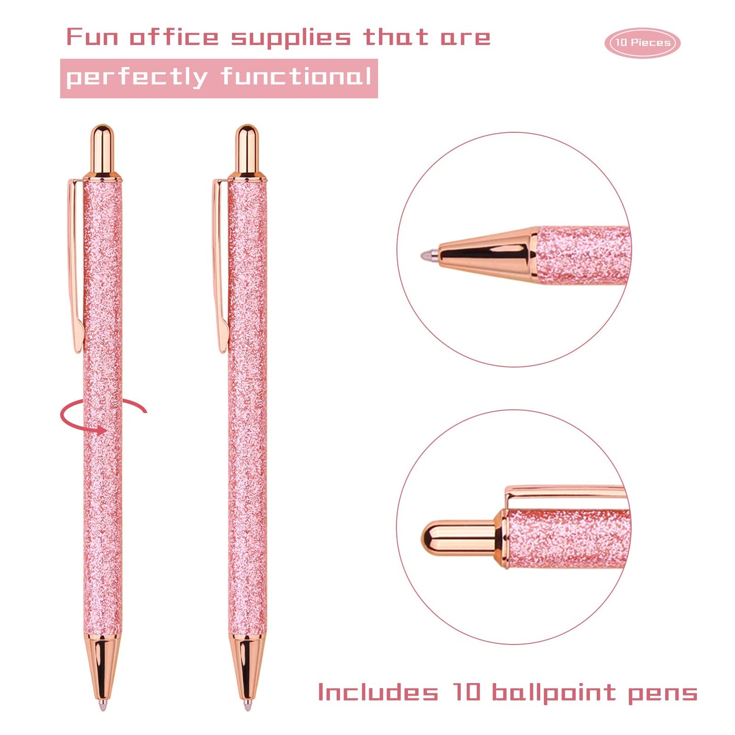 WY WENYUAN 10 Pcs Ballpoint Pens, Comfortable Writing, Metal Retractable Pretty Journaling Pens, Black Ink Medium Point 1.0 mm Gift, Cute Office Supplies for Women